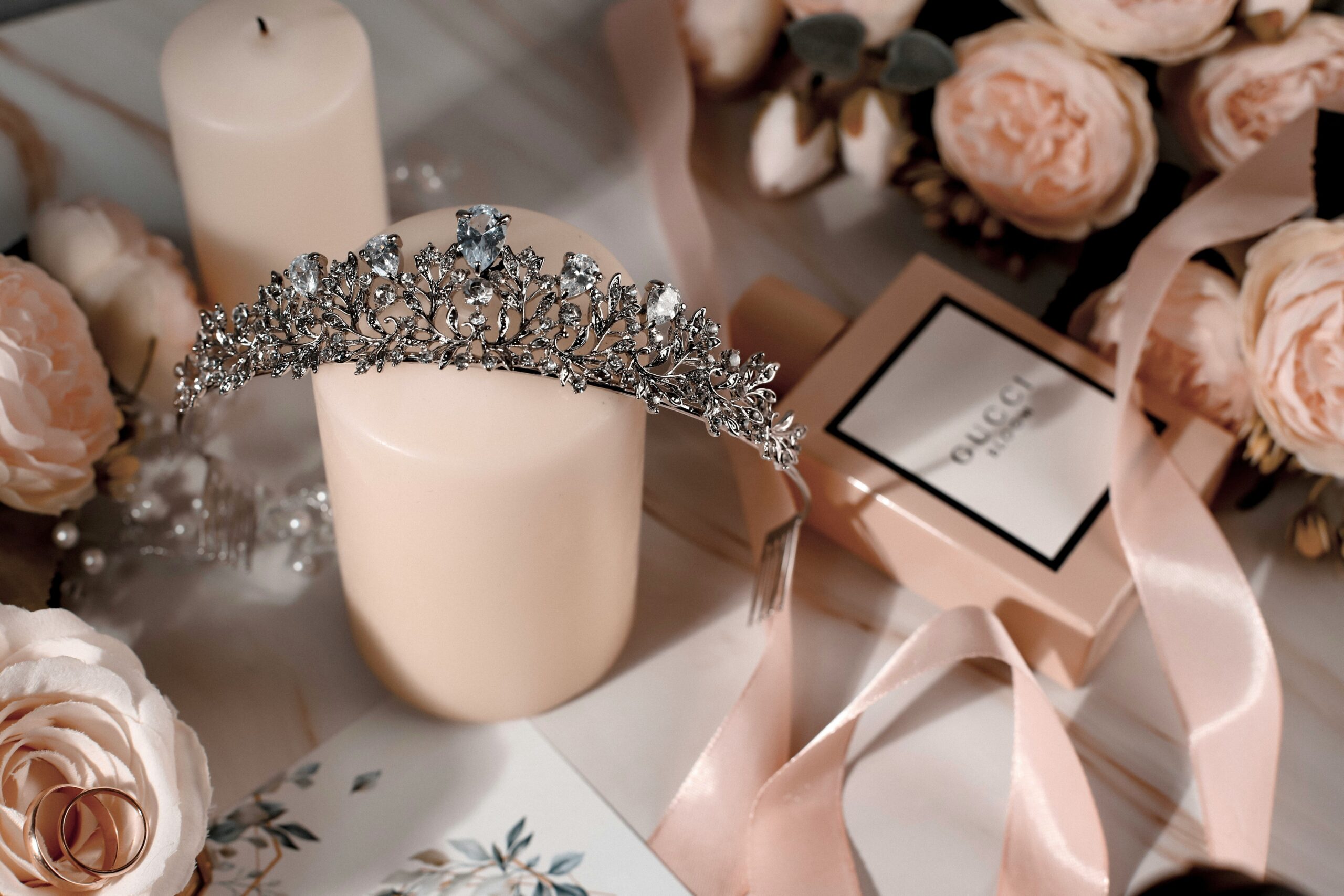 Luxury wedding cosmetics displayed elegantly on a vanity table